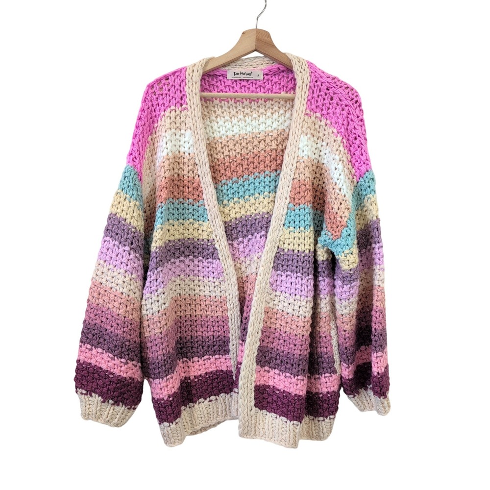 Three Bird Nest Pink Multi Stripe Chunky Knit Cardigan LSW0620TBN Womens Small